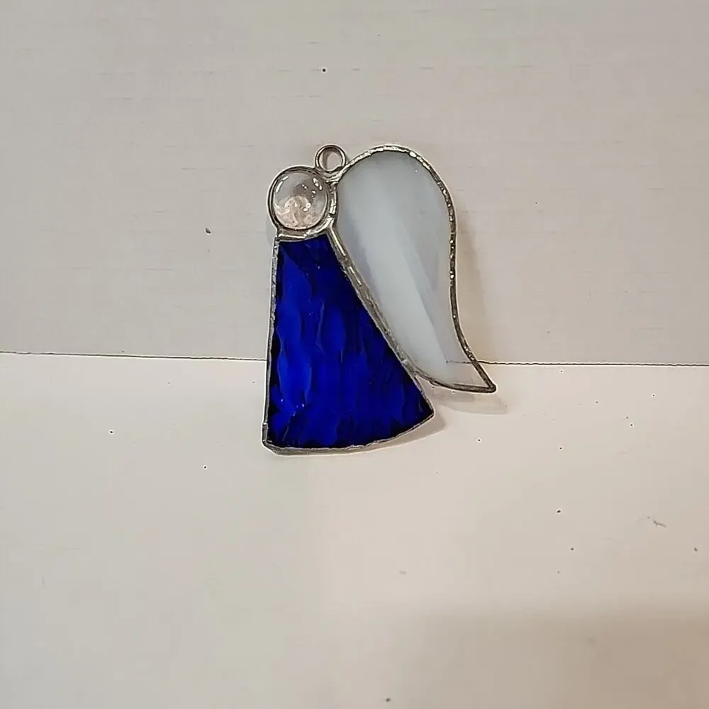 Stain Glass Angel Ornament Blue Textured Glass Body White Glass Wings 3.5”T